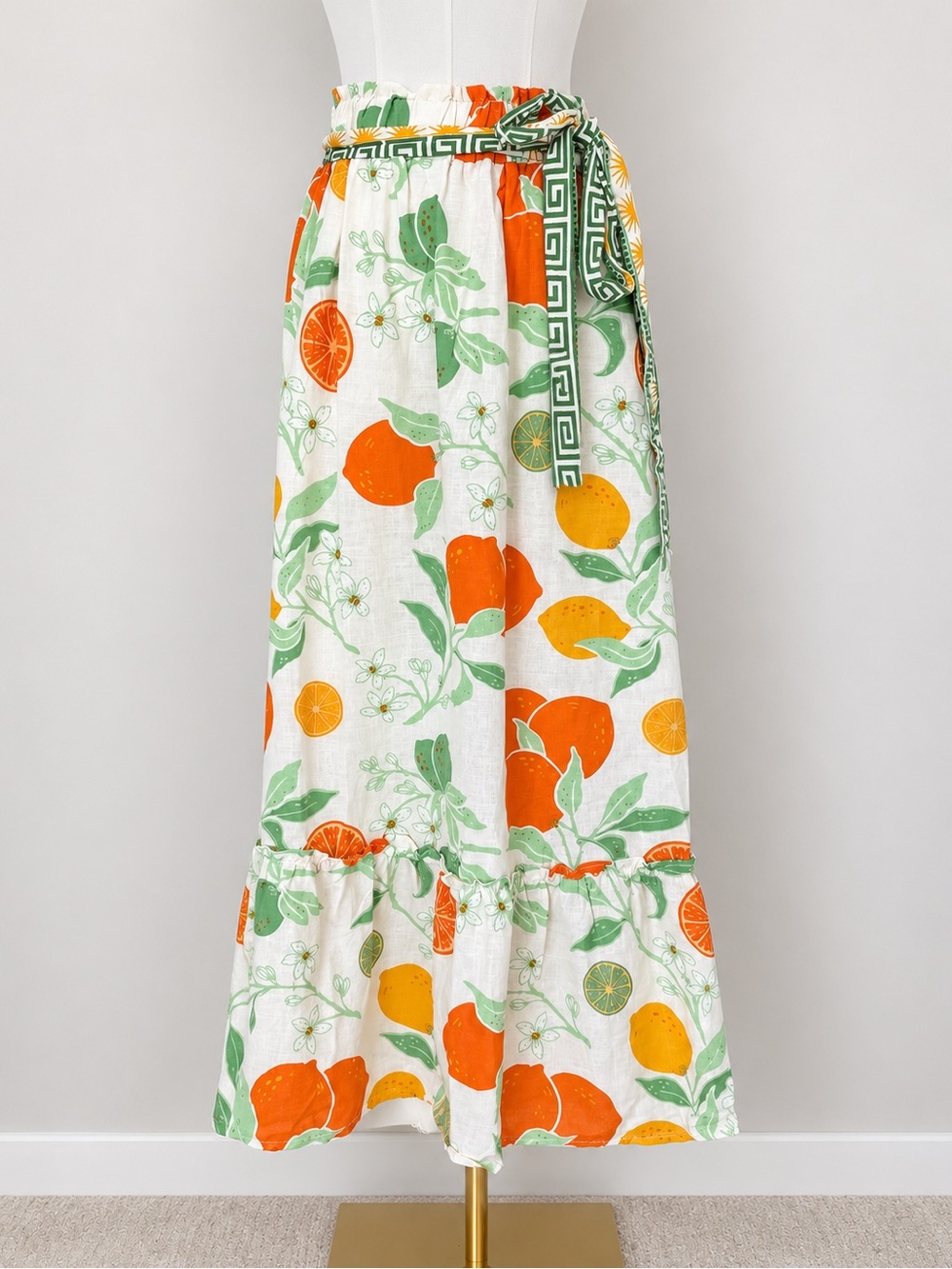 Rachel Zoe Citrus Print Linen Blend Maxi Skirt Size M Tie Waist Tiered Hem